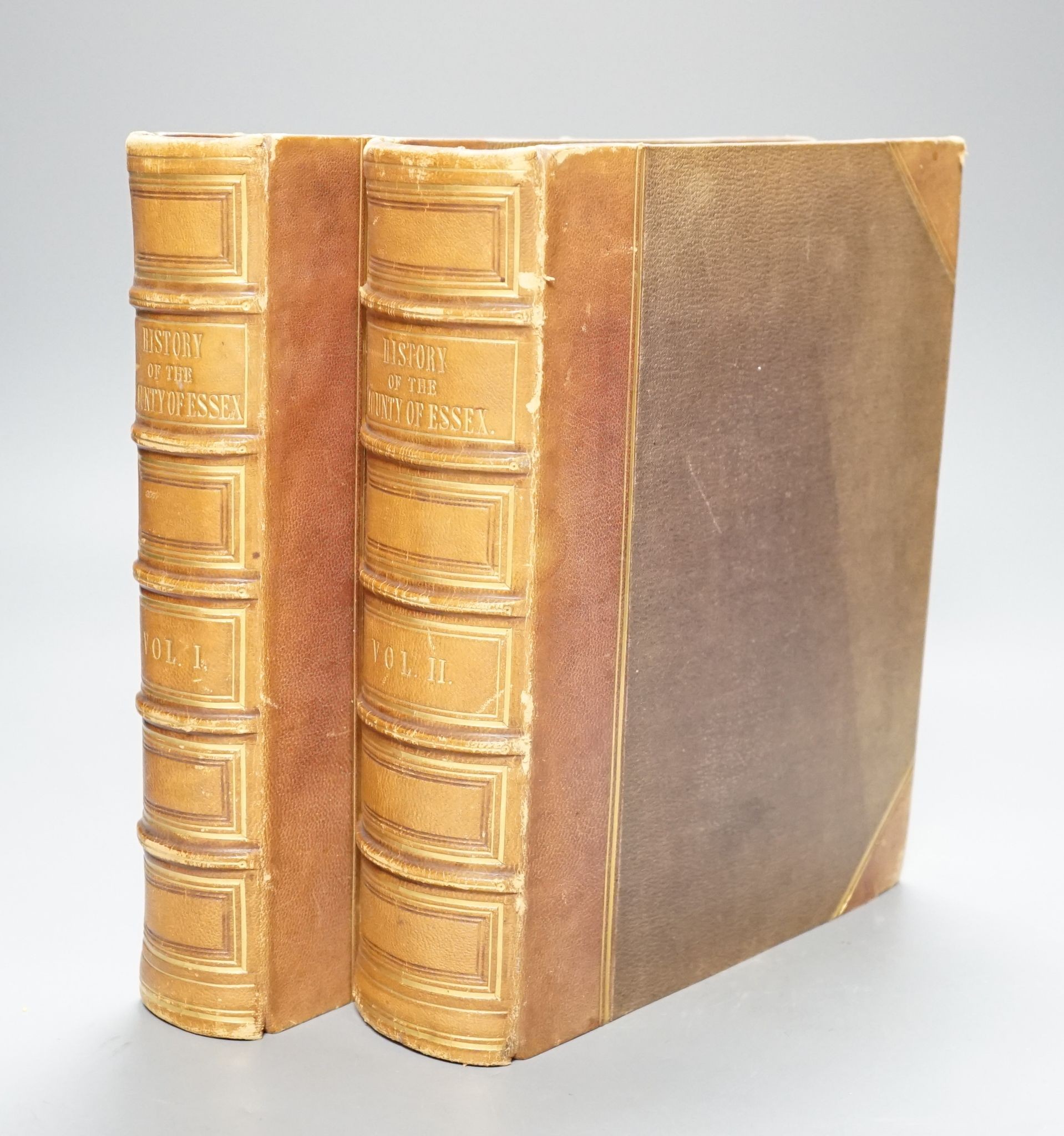 Wright, Thomas - The History and Topography of the County of Essex... 2 vols, pictorial engraved titles, a map and 98 steel-engraved plates; later 19th century gilt-ruled half